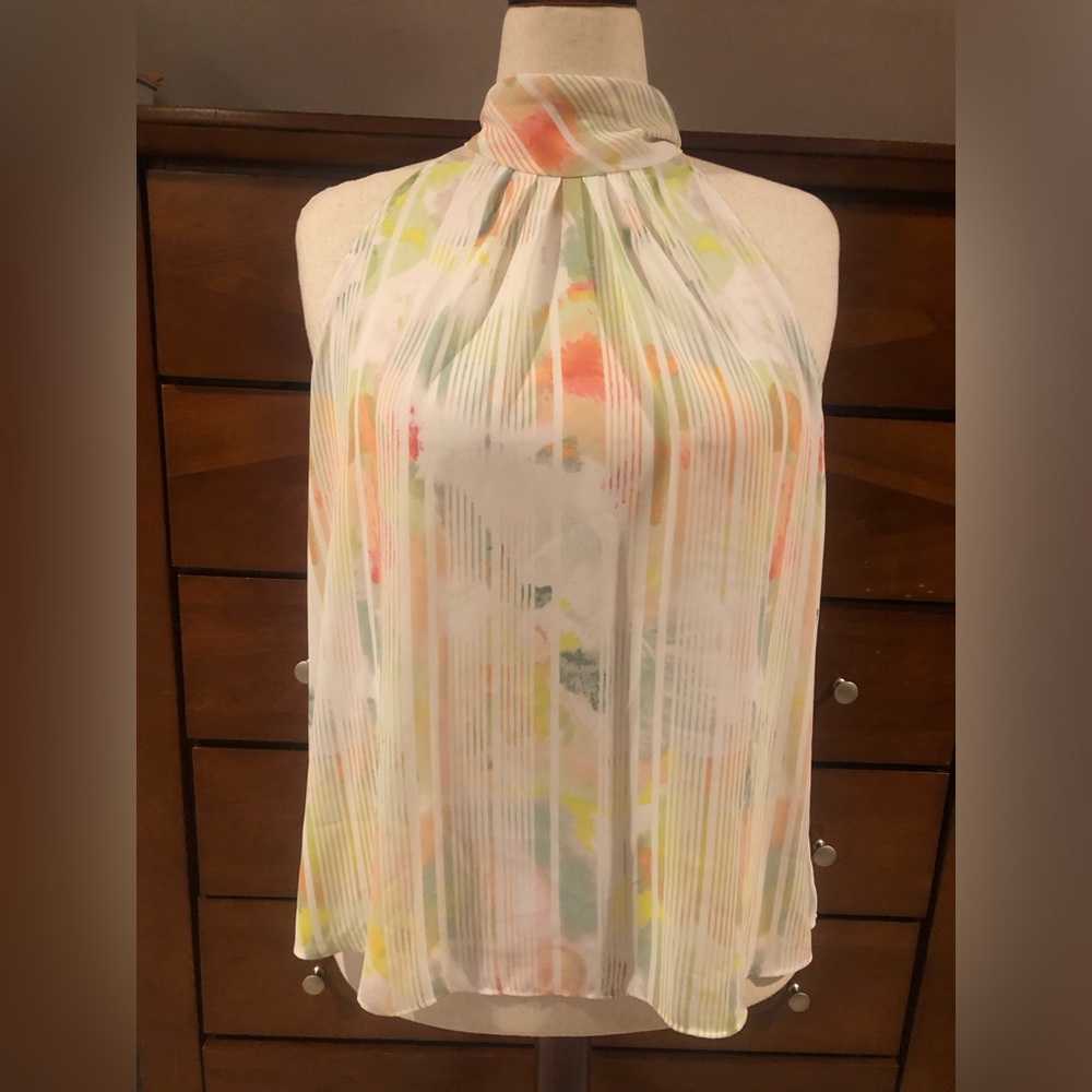 Jennifer Lopez White Halter Pleated Camisole with Pastel Watercolor Accents